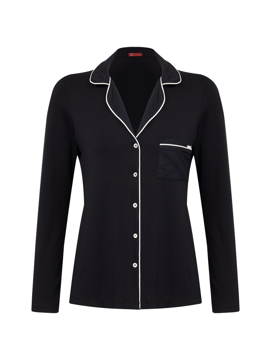 Pijama Longo Em Viscose com Vivo Contrastante Flora - Preto - P - 0MCL1010-PTO-P