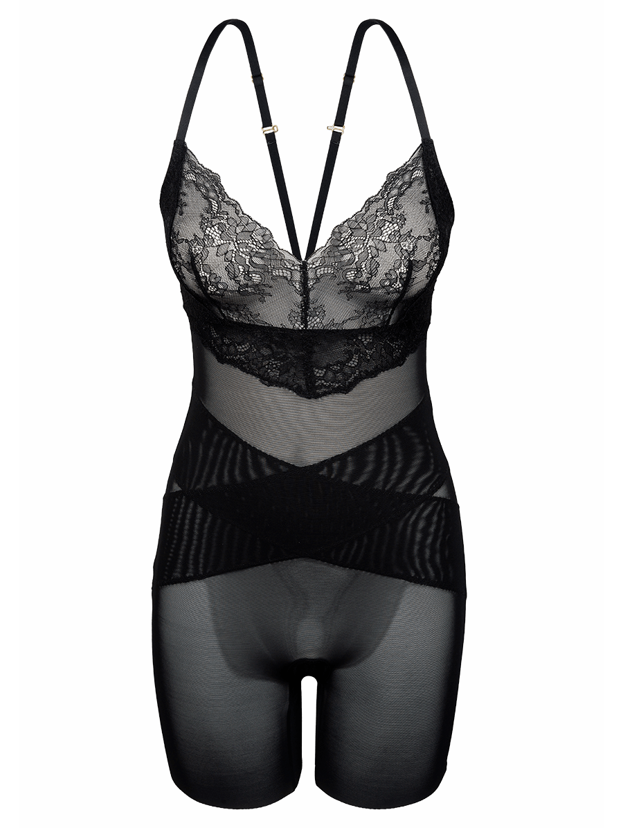 Body Modelador Em Tule E Renda Preto