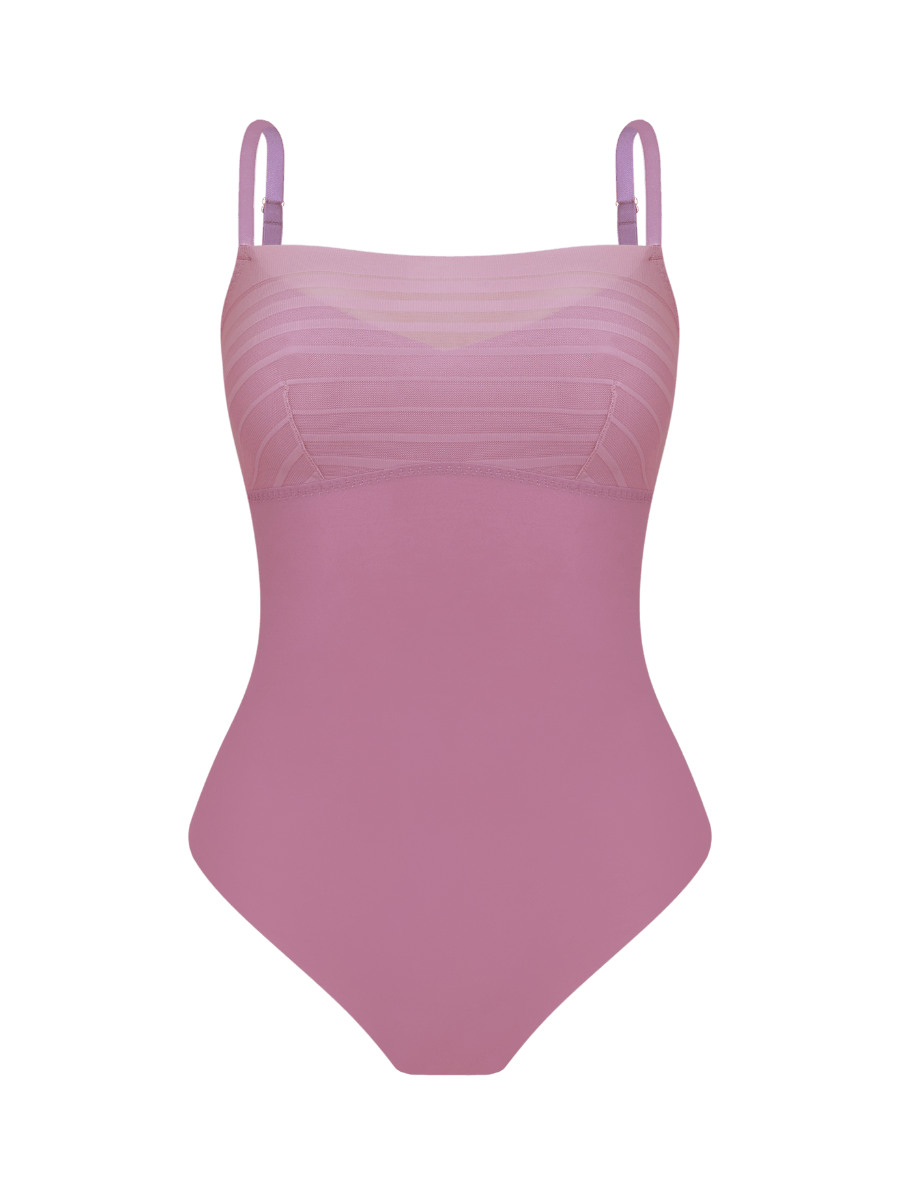 Body Alças Finas Em Microfibra E Tule Listrado Rosa Natural