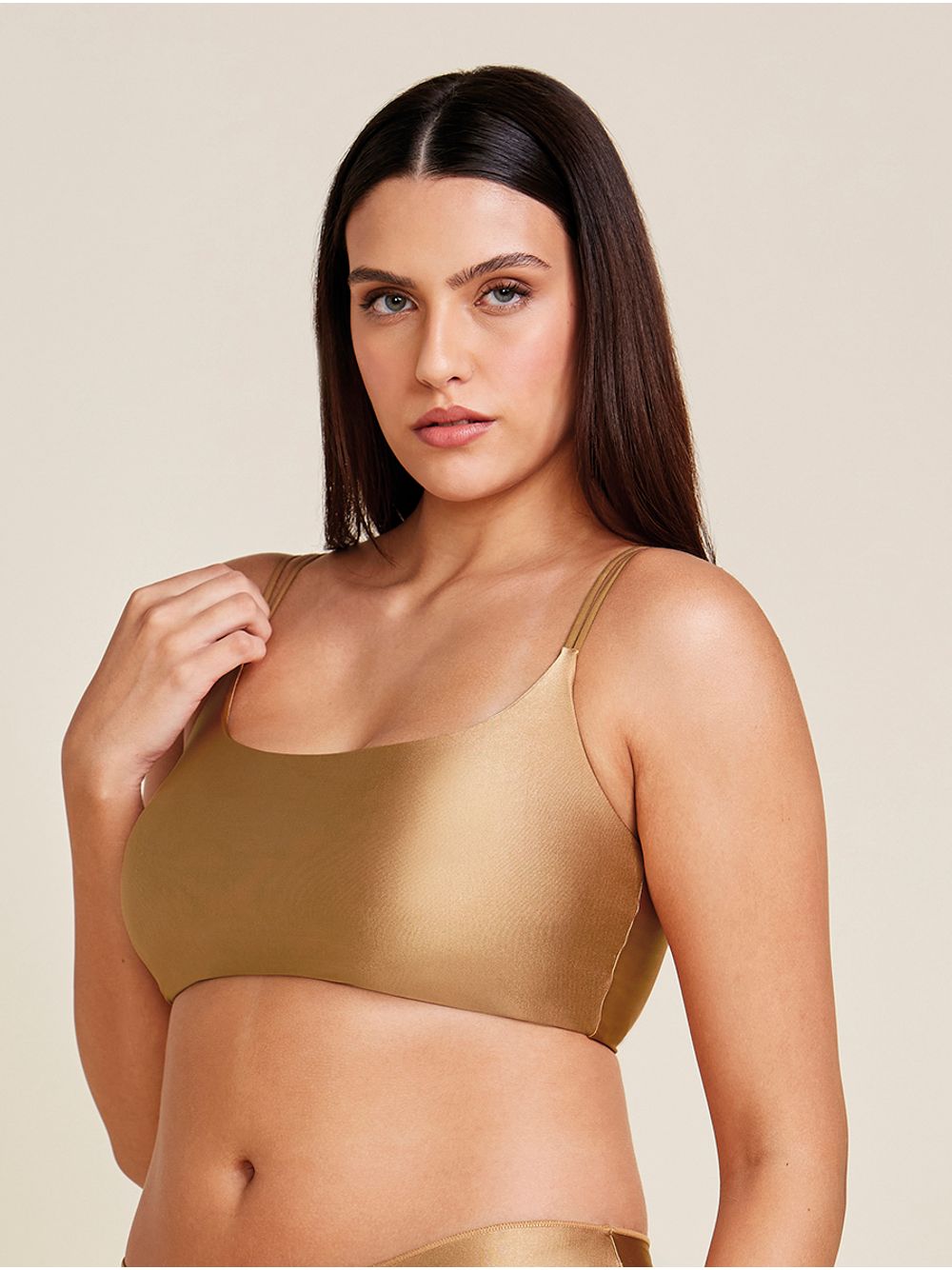 Hope — Top Com Bojo Removível Em Microfibra Acetinada Dourado Ocre