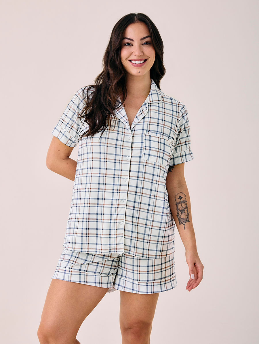 Short Doll Em Viscose Flora Estampa Xadrez Azul E Off