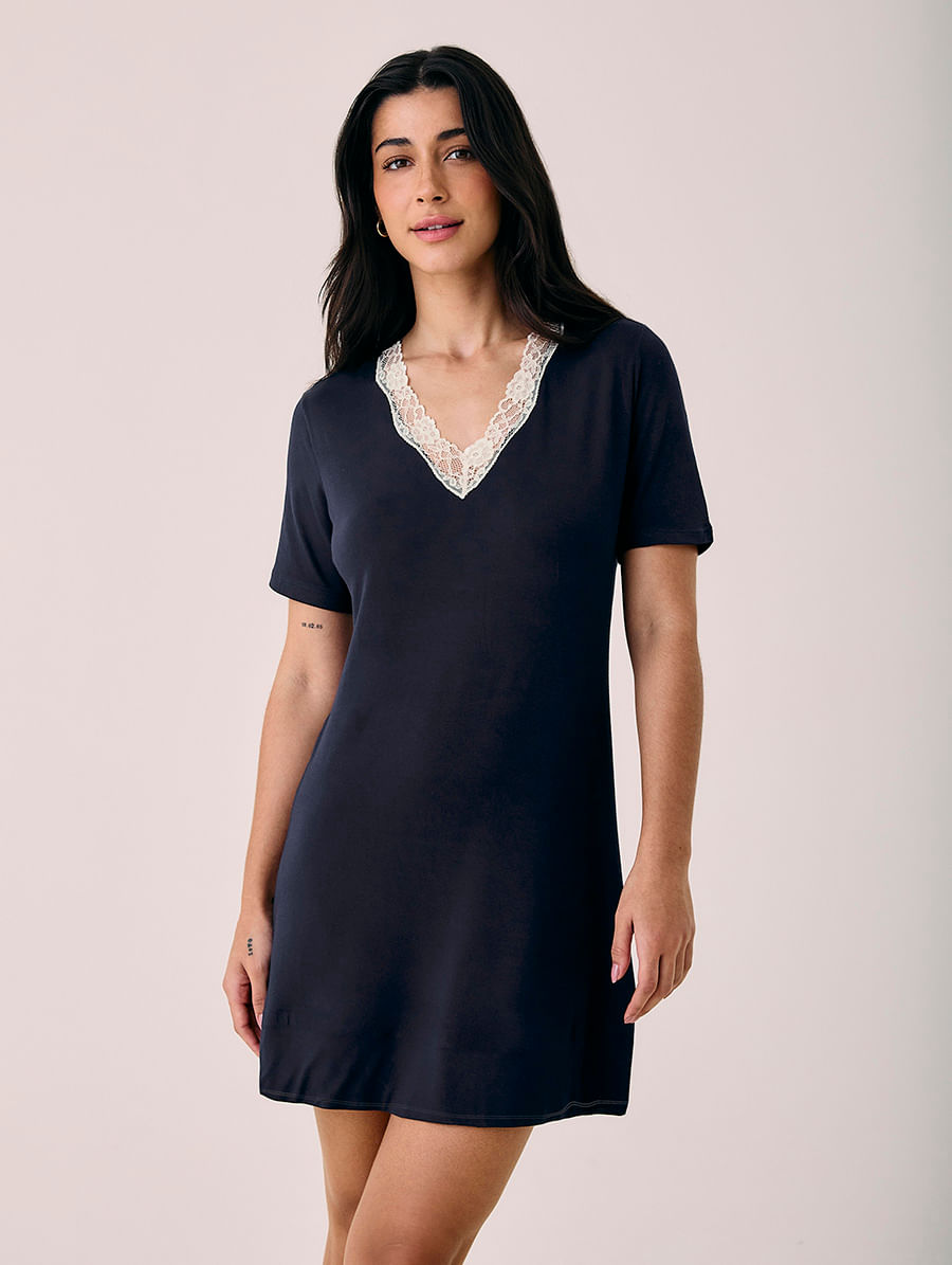 Camisola Manga Curta Decote V Em Viscose E Renda Moon Azul Diamond