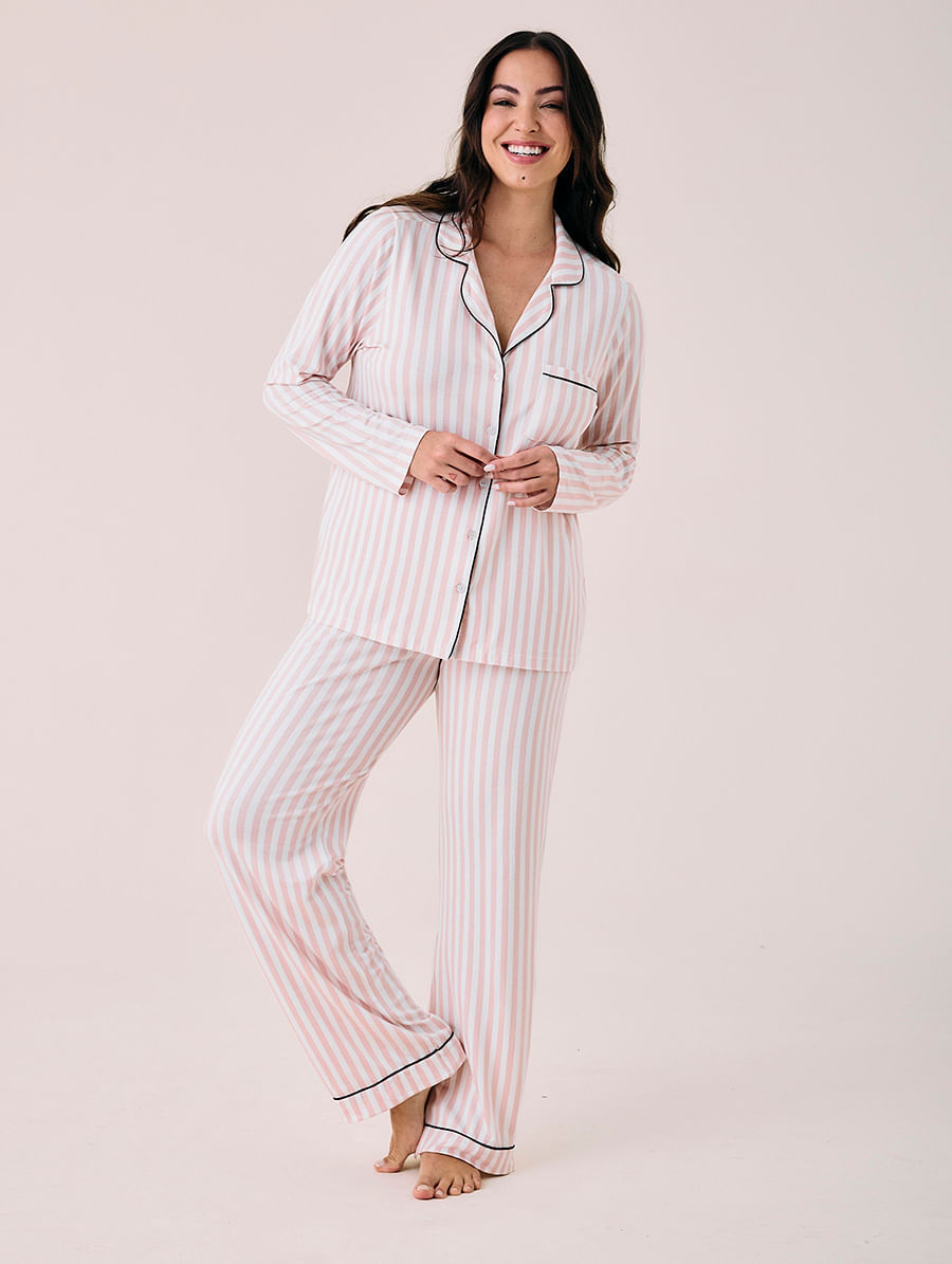 Pijama Longo Em Viscose Com Vivo Contrastante Flora Estampa Listrada Rosa Dust /Off White
