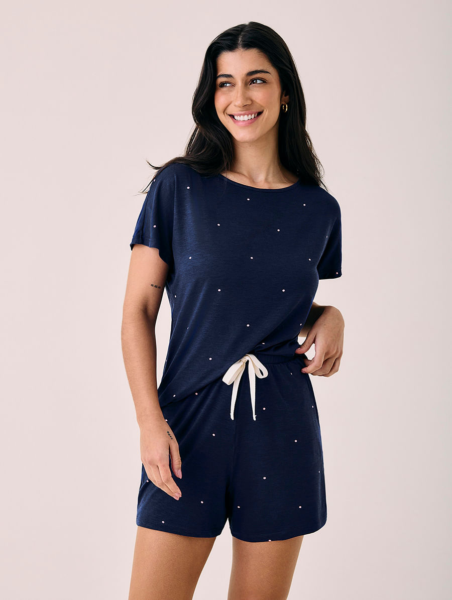 Short Doll Em Viscose Dreams Estampa Azul Diamond Com Poa Rosa Mosqueta