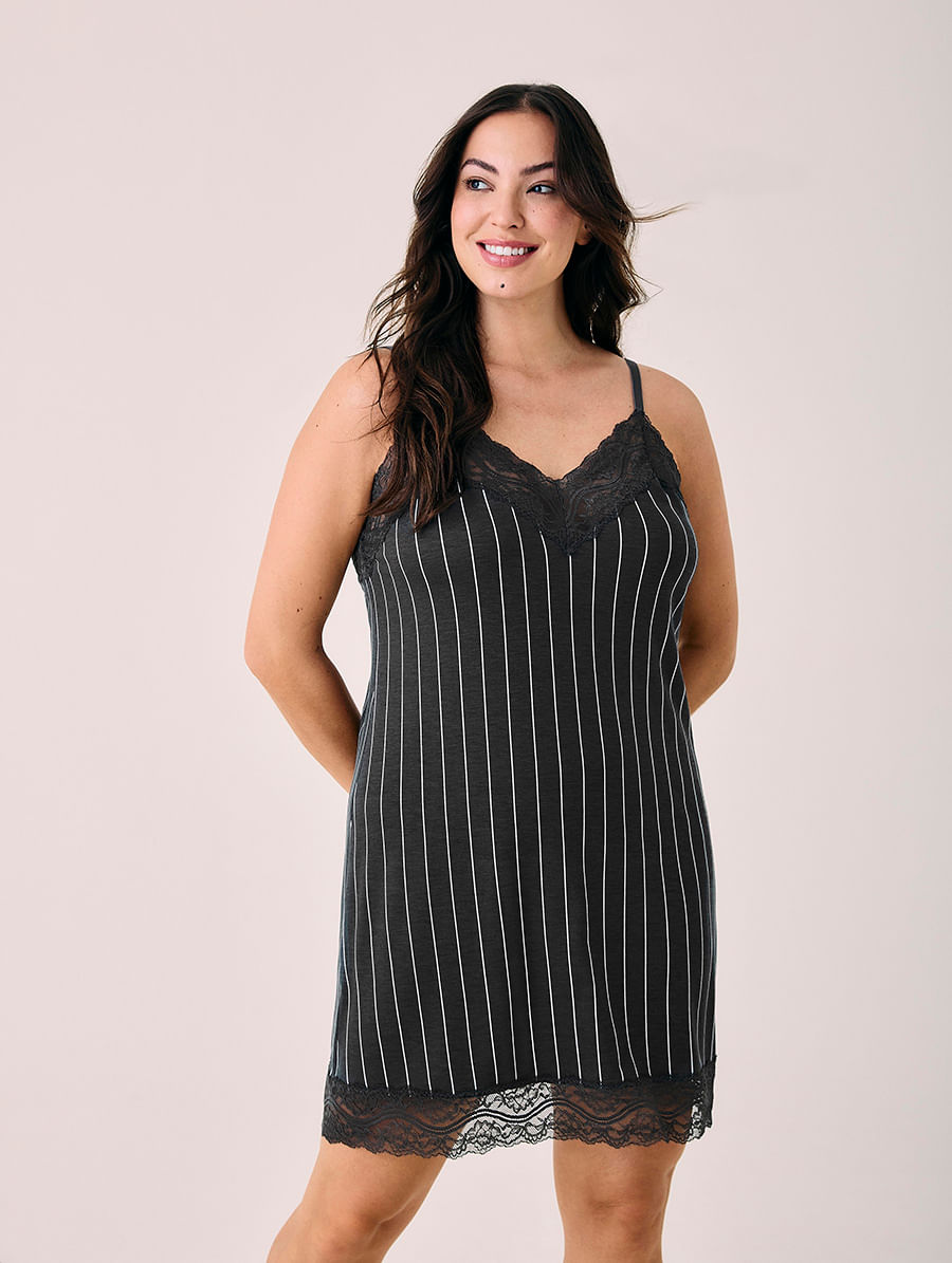 Camisola Alças Finas Em Viscose E Renda Love Stories Estampa Risca De Giz Cinza Magma