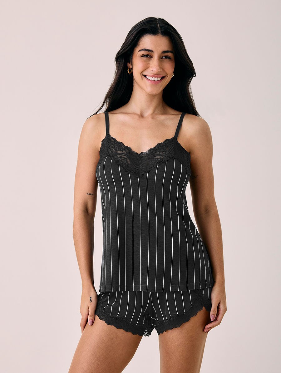 Short Doll Alças Finas Em Viscose Estampada E Renda Love Stories Estampa Risca De Giz Cinza Magma