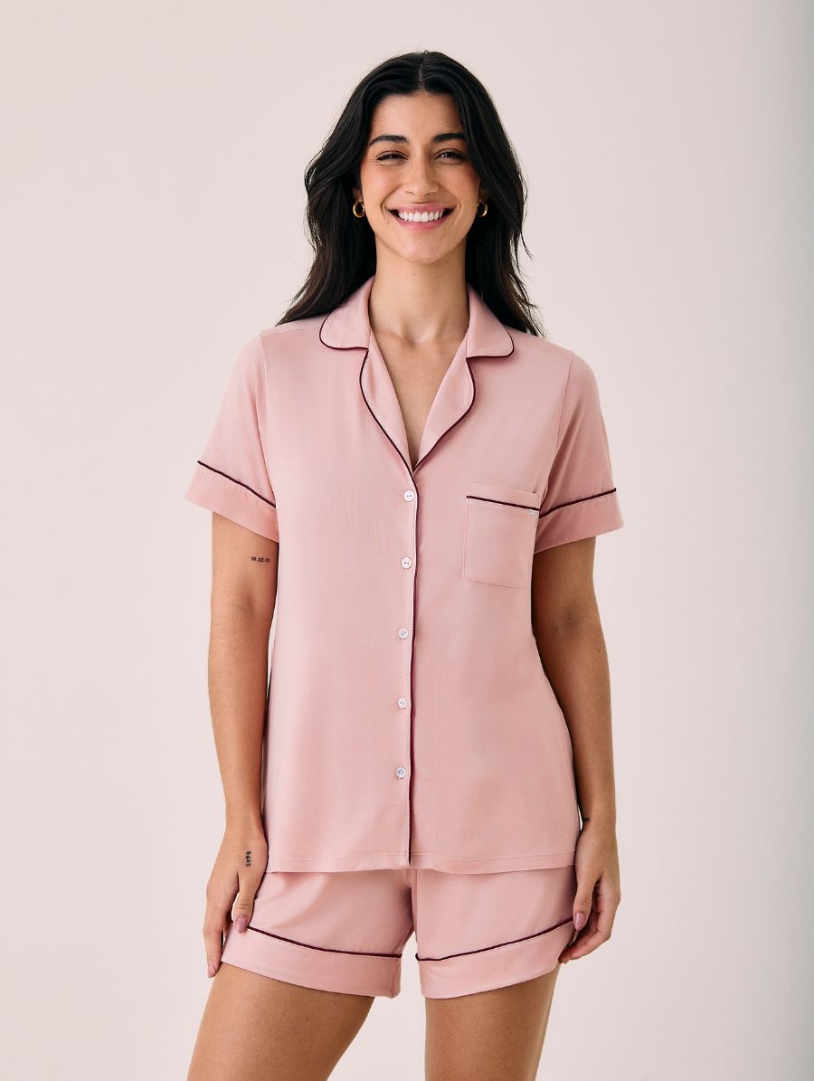 Short Doll Em Viscose Com Vivo Contrastante Flora Rosa Mosqueta