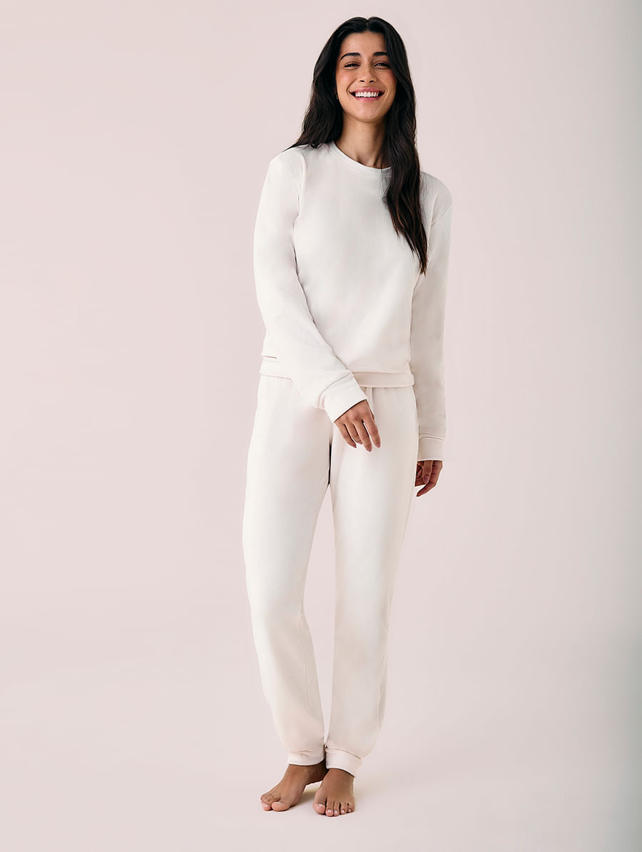 Pijama Longo Com Punho Em Plush Sincronia Off White