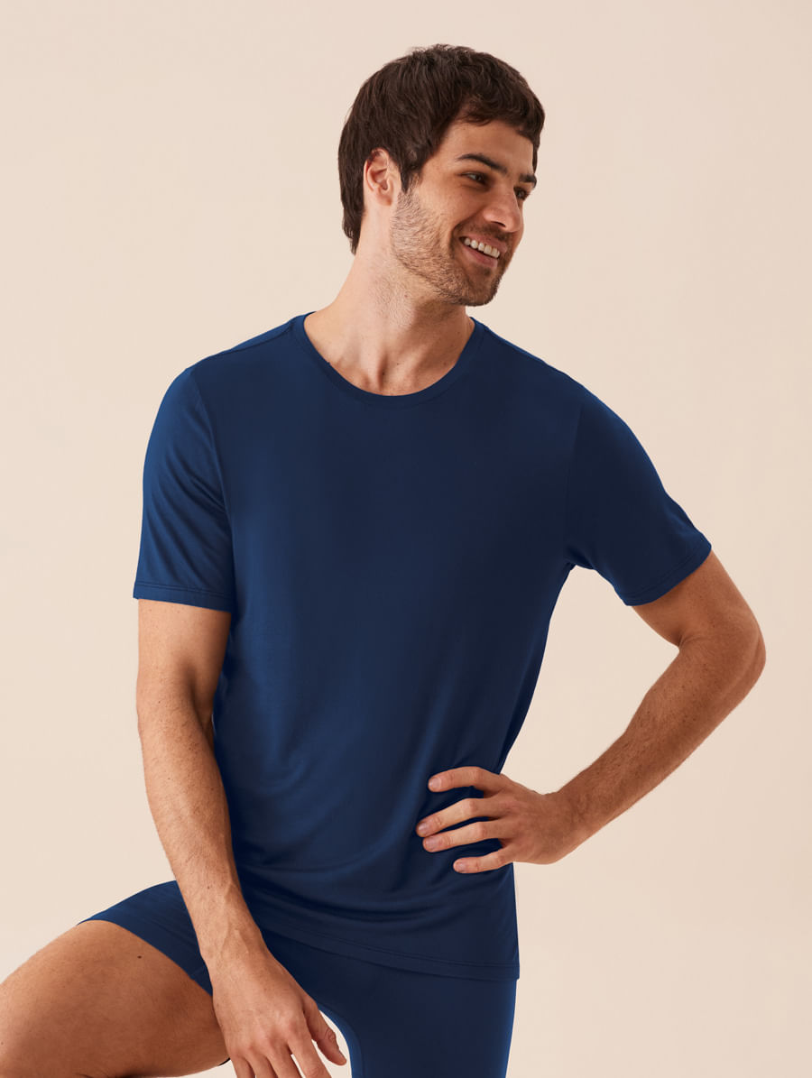 Camiseta Masculina Manga Curta Gola Careca Em Viscose Azul Cedro