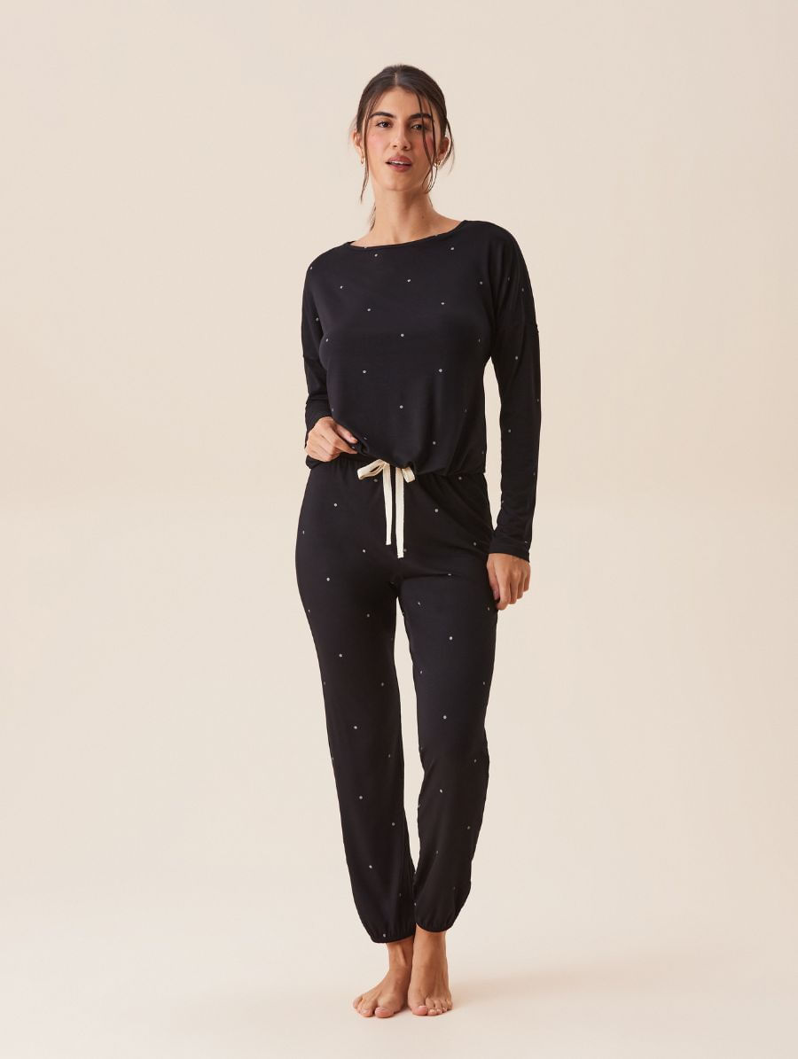 Pijama Longo Em Viscose Dreams Preto Com Poa Off White
