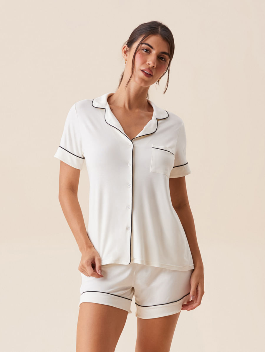 Short Doll Em Viscose Com Vivo Contrastante Flora Off White