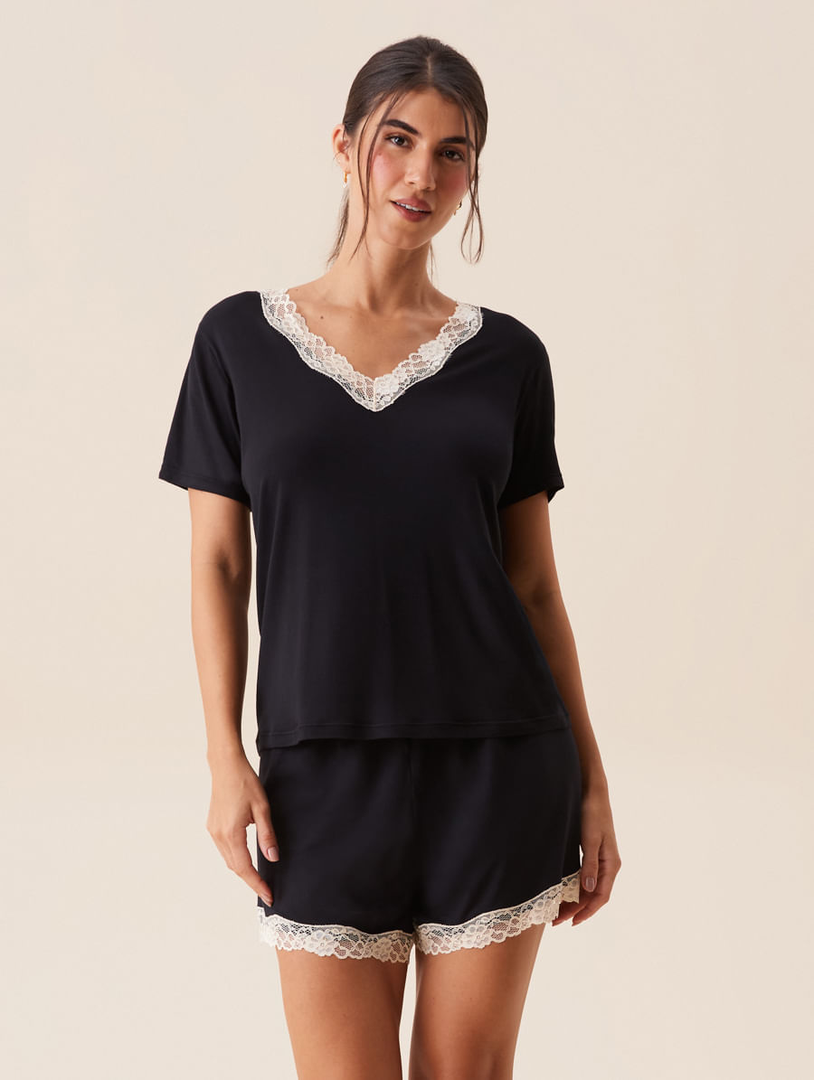 Short Doll Manga Curta Em Viscose E Renda Moon Preto