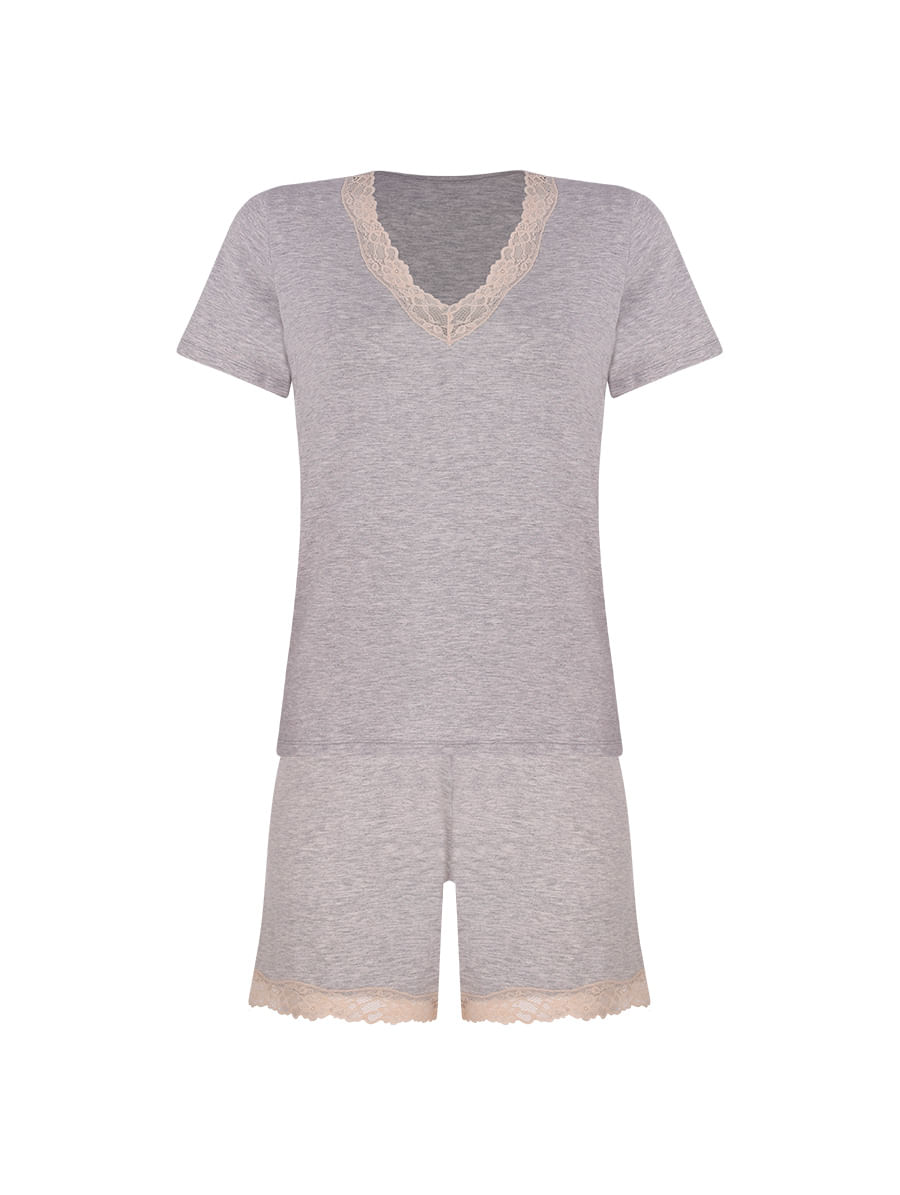 Short Doll Manga Curta Em Viscose E Renda Moon Cinza Mescla Claro