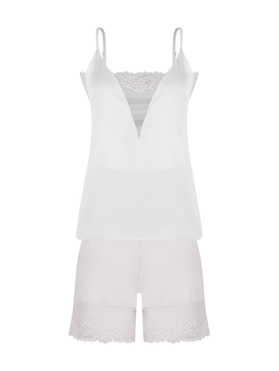 Short Doll Alças Finas Em Cetim Com Renda Valência Honeymoon Off White