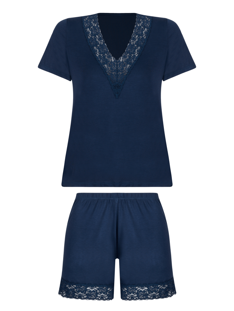 Short Doll Manga Curta Em Viscose Com Renda Azul Cedro