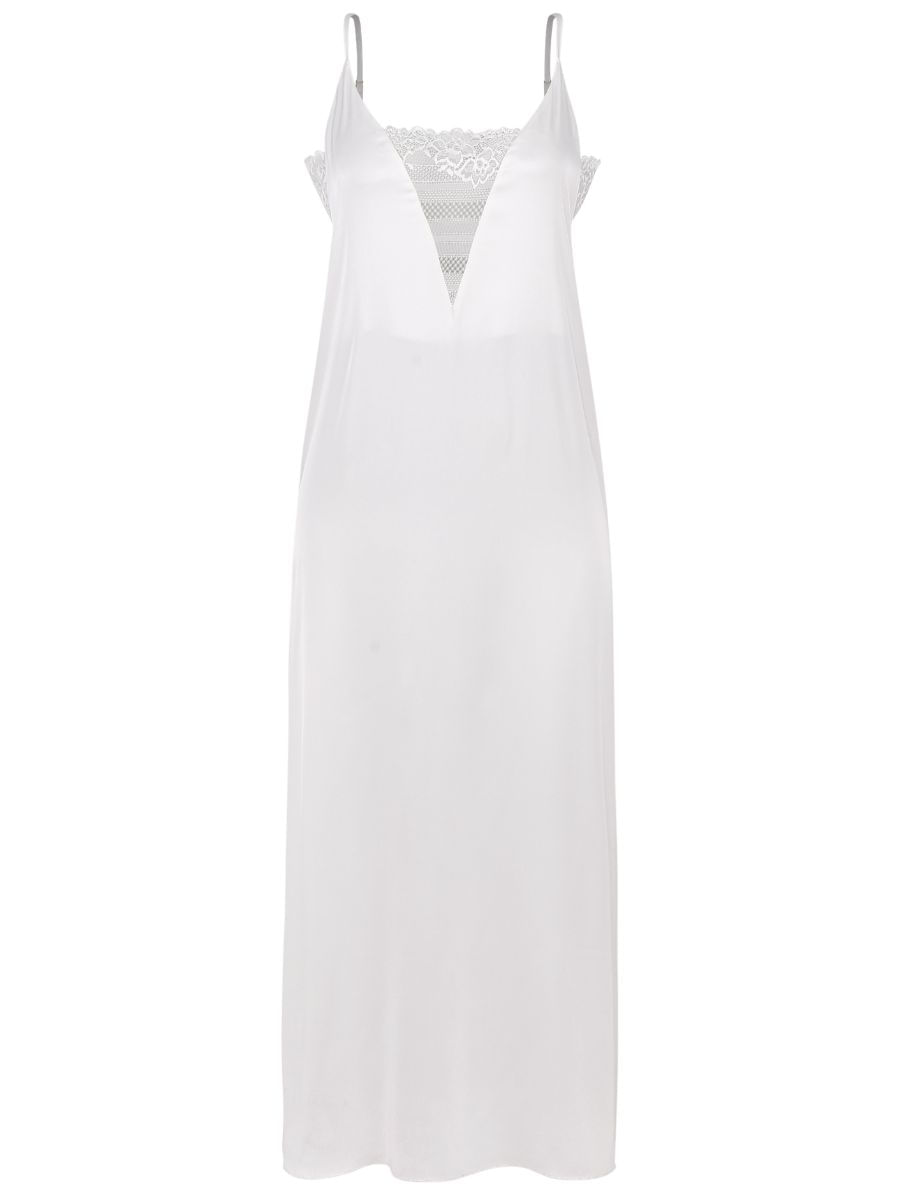 Camisola Longa Alças Finas Em Cetim Com Renda Valência Honeymoon Off White