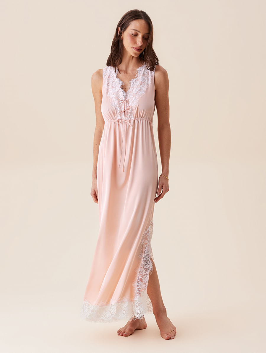 Camisola Longa Em Cetim E Renda Sweet Maternity Rosa Peach