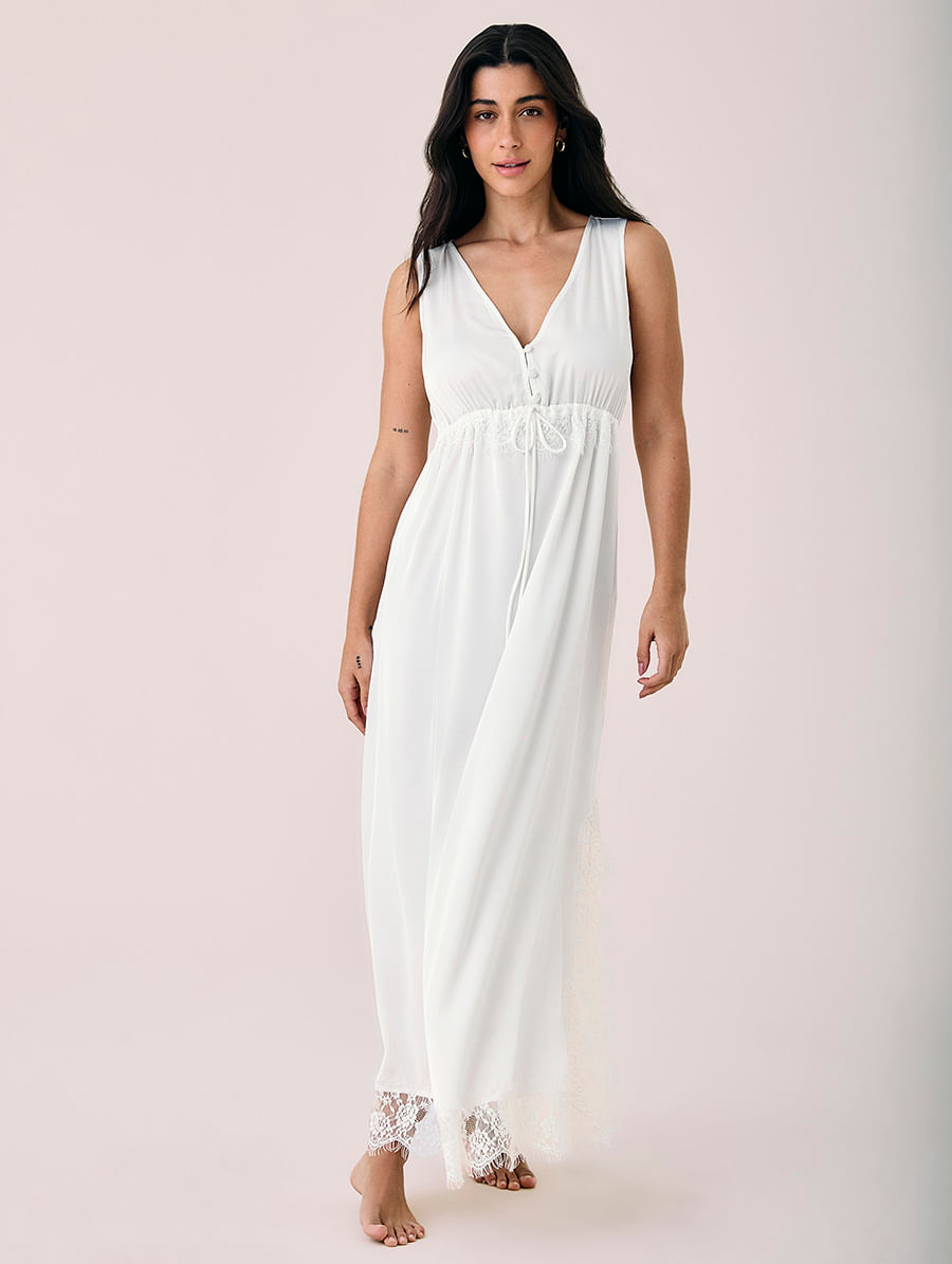 Camisola Longa Em Cetim E Renda Sweet Maternity Off White