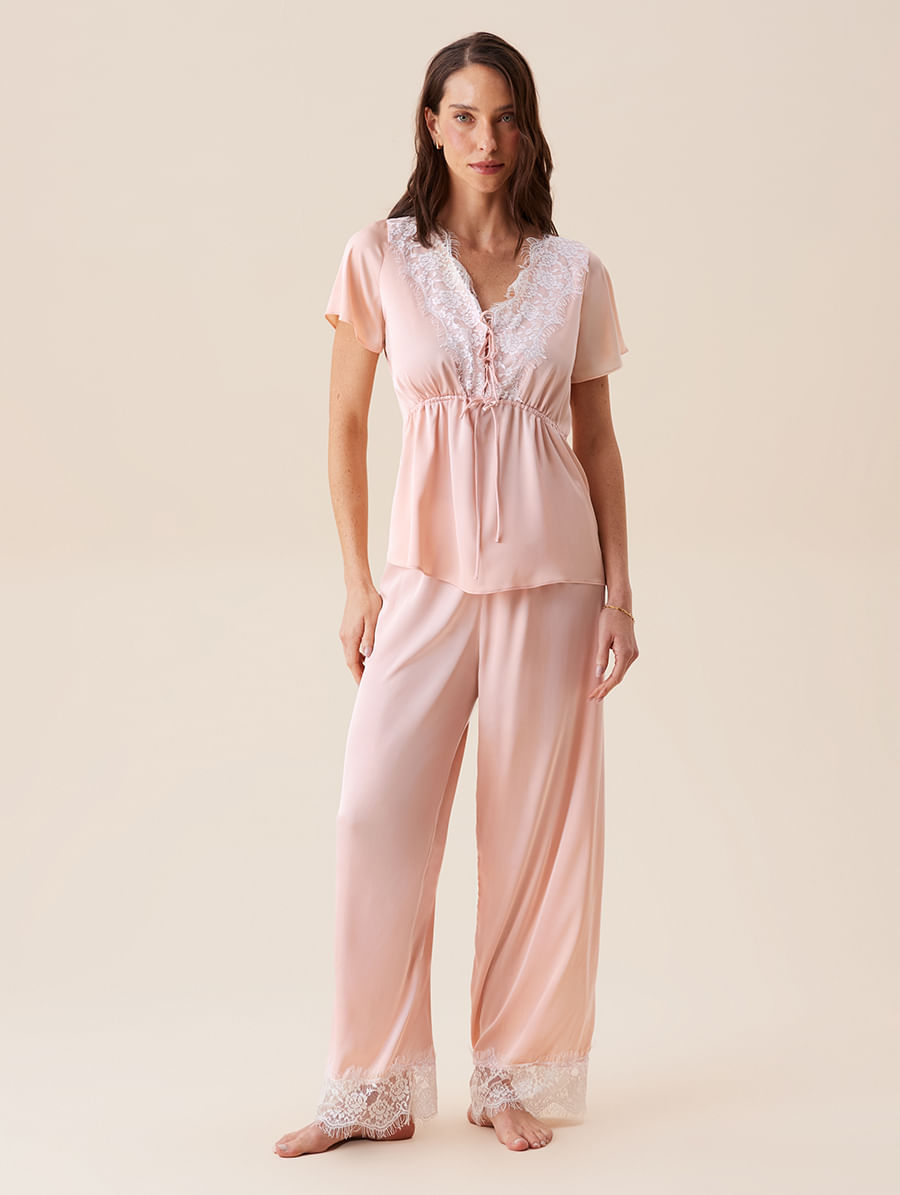 Pijama Longo Manga Curta Em Cetim E Renda Sweet Maternity Rosa Peach