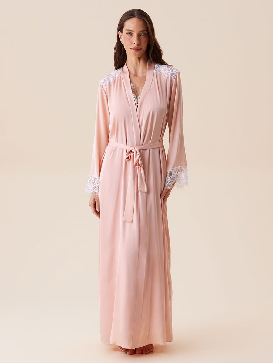 Robe Longo Em Cetim E Renda Sweet Maternity Rosa Peach