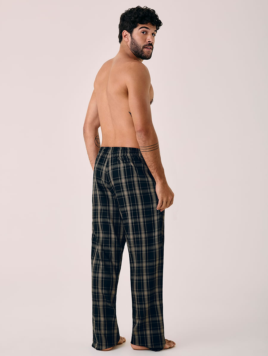 Calça Masculina Em Viscose Estampada Moments Estampa Xadrez Preto Com Mascavo
