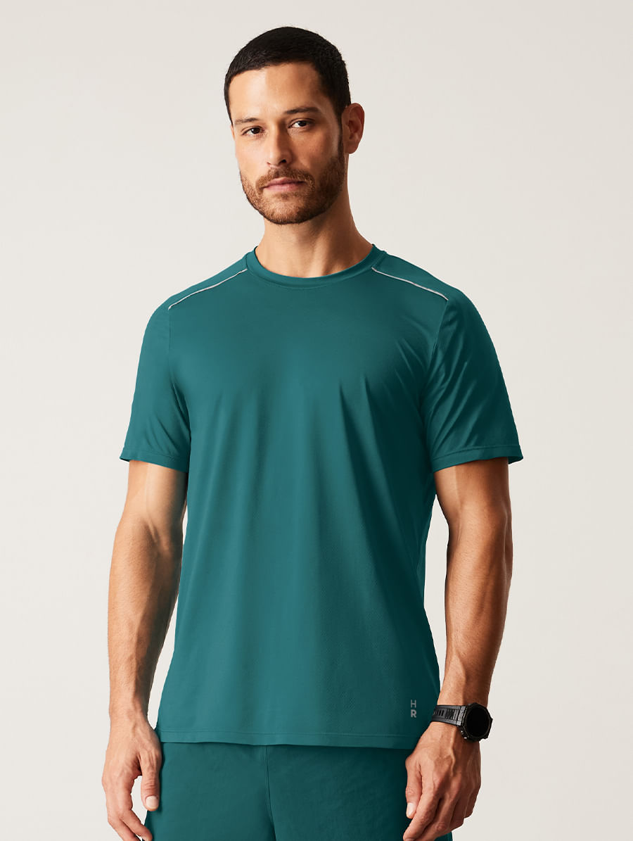 Camiseta Fitness Masculina Manga Curta Com Viés Refletivo Verde Petroleo
