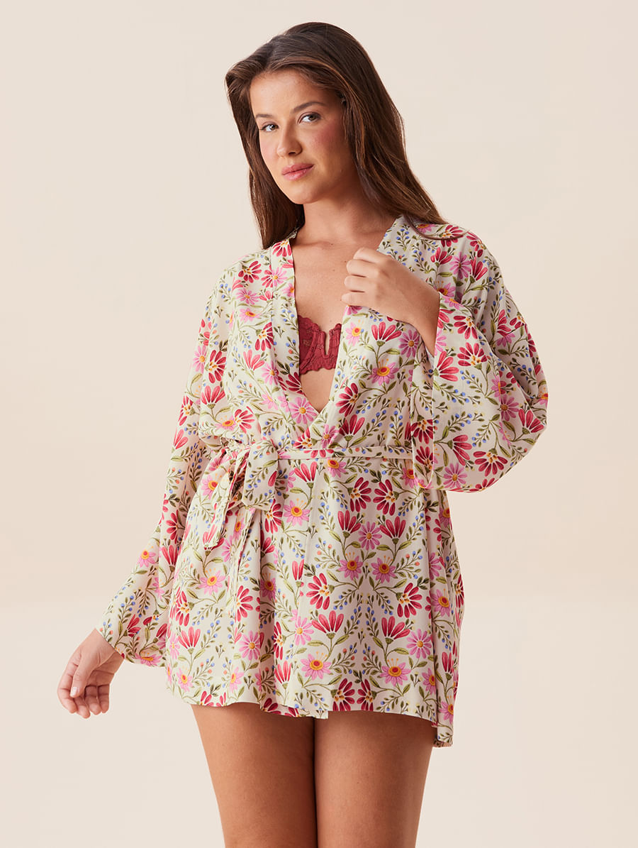Kimono Em Viscose Estampada Estampa Bordado Peruano - M